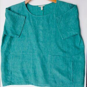 Eileen Fisher Organic Linen Top, Aqua, XS. Pockets, XLNT